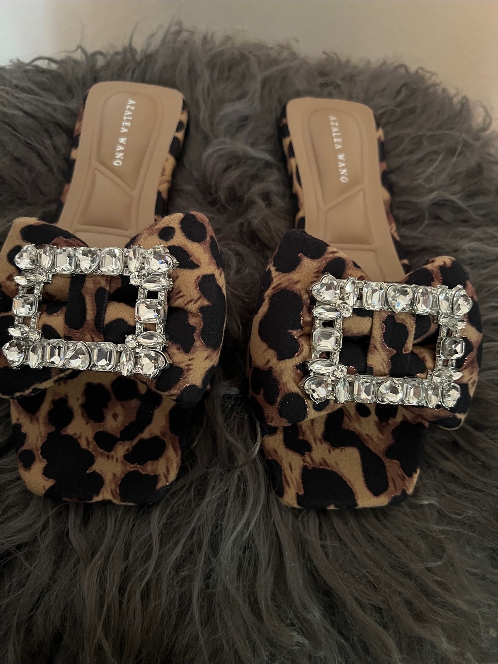 Azalea Wang Leopard Gem Buckle Slide Mules - Brown